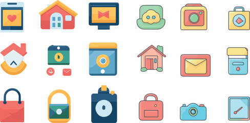 Collection of Colorful Digital Icons Representing Various Activities and Services