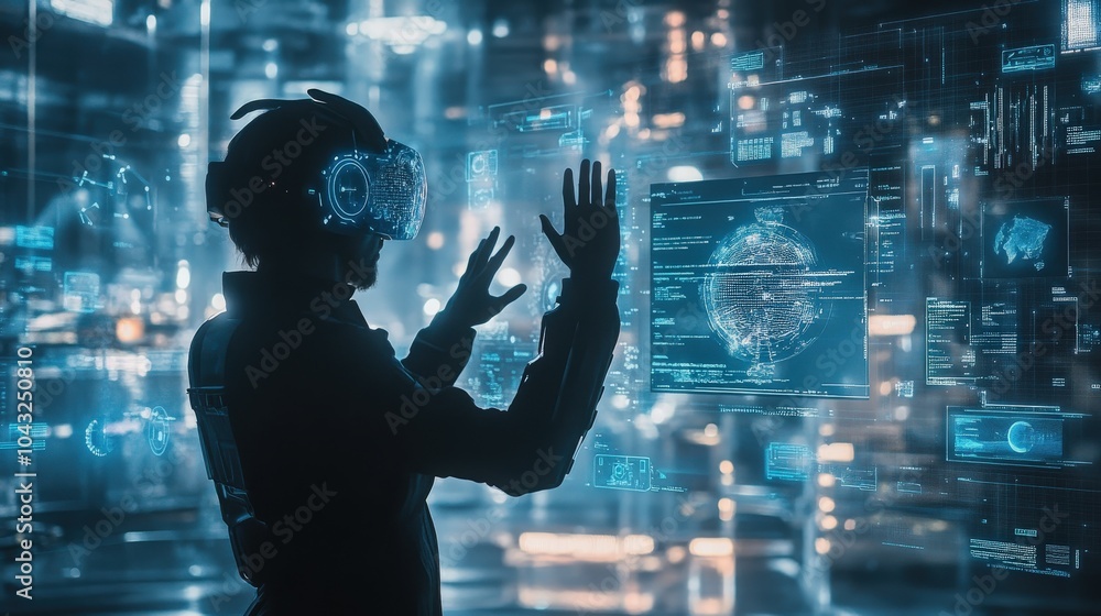 Poster a high-tech future of internet communication where users engage through holograms and real-time data
