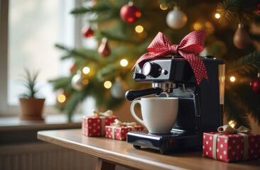 a coffee machine decorated with a red festive bow stands as a gift near the Christmas tree