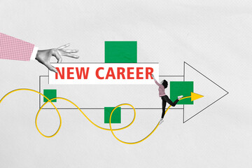 Composite photo collage of astonished girl receive new vacancy arrow hand proposal cv resume...