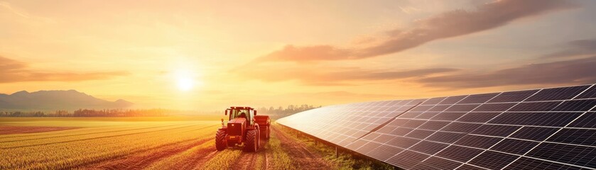 Obraz premium A picturesque sunset over a field, with a tractor working alongside a row of solar panels, symbolizing sustainable agriculture.