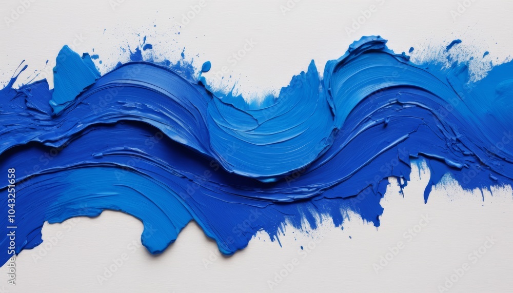 Poster bold strokes of rich blue paint create a mesmerizing wave-like pattern on a smooth white canvas, hig