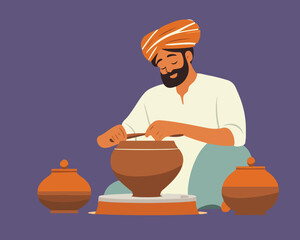 Indian Potter Crafting Clay Pot by Hand on Wheel – Vector Art in Flat Design