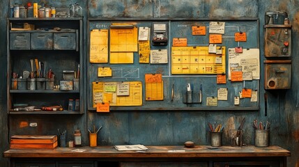 Organized Workspace A Creative Hub of Ideas and Projects Captured in a Vibrant Visual Display