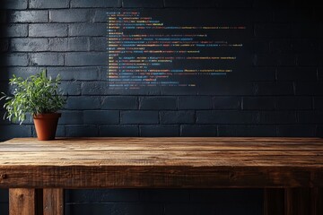 Wooden table with potted plant against a dark wall featuring colorful coding text at night