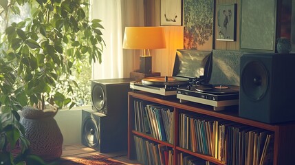 A collection of vinyl records and turntables in a cozy music nook.