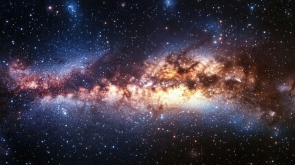 A panoramic image of the Milky Way galaxy, showcasing an intricate tapestry of stars and space dust, creating a mesmerizing view of the universe in all its splendor