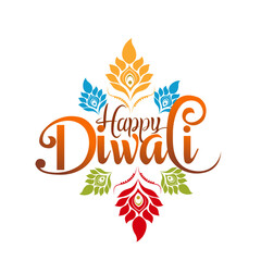 A  Diwali greeting card It features the text Happy Diwali written in a decorative font with colorful floral elements surrounding it