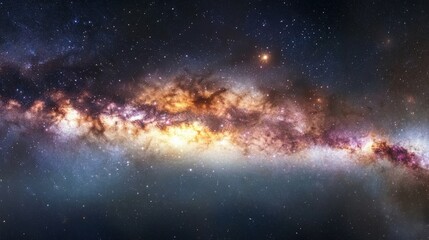 Obraz premium A panoramic image of the Milky Way galaxy, with stars and space dust scattered across the vast expanse of the universe, creating a peaceful and awe-inspiring cosmic scene