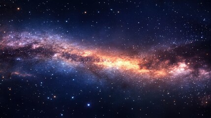 Naklejka premium A panoramic image of the Milky Way galaxy, with stars and space dust scattered across the vast expanse of the universe, creating a peaceful and awe-inspiring cosmic scene