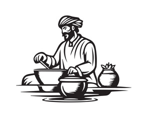 Indian Man Preparing Food in Pot - Black and White Vintage Woodcut Art