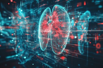 Digital visualization of human lungs surrounded by data streams in a futuristic backdrop