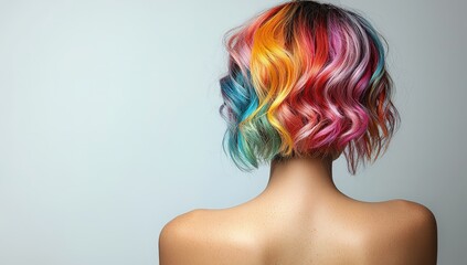 Naklejka premium woman with colorful hair styled in an elegant pixie cut, showcasing her back and the vibrant colors on a white background. 