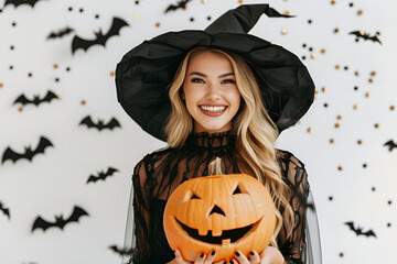 halloween witch with pumpkin and bats, Generative AI