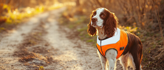 English Springer Spaniel Dog Sporting A Reflective Vest Outdoors