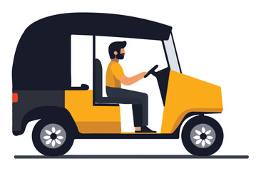 Driver and passenger in Indian auto rickshaw - modern street vector design