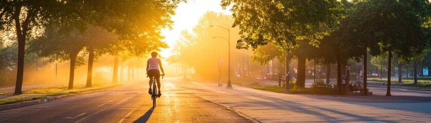 A cyclist rides along a sunlit road, surrounded by trees at dawn, creating a serene atmosphere.