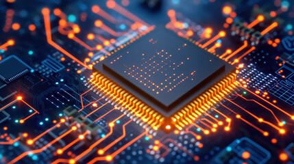 Close-up of a microchip on a circuit board with glowing connections