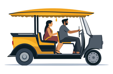  Indian rickshaw with driver and passenger in street - vector transportation art