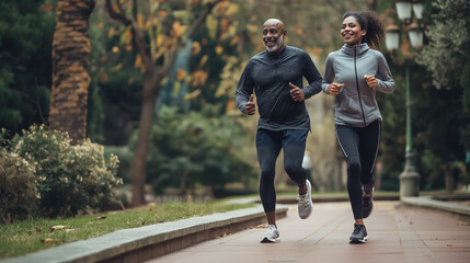 Obraz premium Energetic morning jog: fit couple running in park