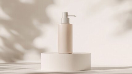 A sleek, minimalist pump bottle sits on a light pedestal, casting soft shadows that enhance its contemporary design.