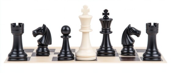 A close-up of a chessboard displaying black and white chess pieces, including a king, queen, rooks, and knights, poised for a game.
