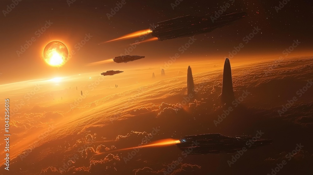 Poster a sci-fi space scene generated by ai, featuring a massive space station orbiting a distant planet, w