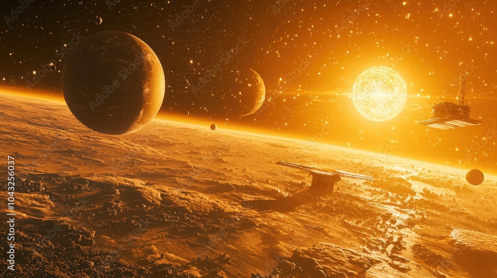 Poster a sci-fi space scene generated by ai, featuring a massive space station orbiting a distant planet, w