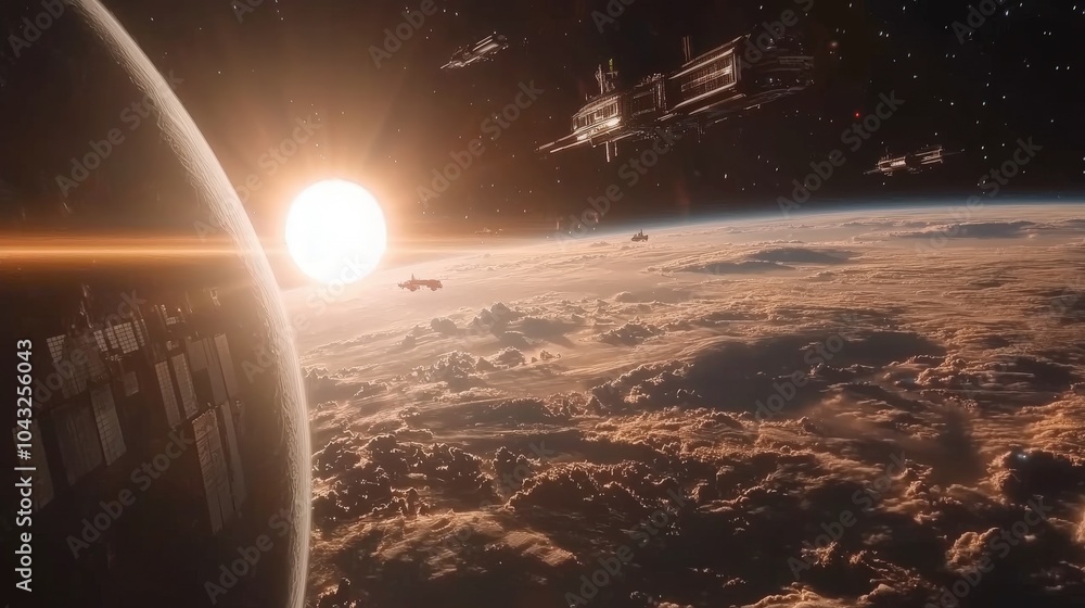 Poster a sci-fi space scene generated by ai, featuring a massive space station orbiting a distant planet, w