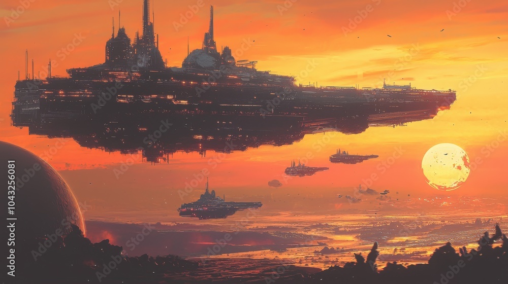 Poster a sci-fi space scene generated by ai, featuring a massive space station orbiting a distant planet, w