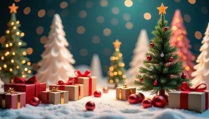 Holiday-themed product display featuring a Christmas tree, gifts, and festive decorations in a 3D winter setting.