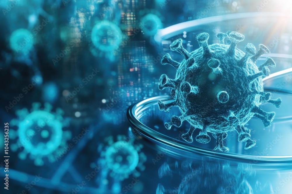 Poster visualization of a virus under a microscope with a digital background representing data analysis