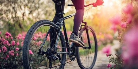 Fototapeta premium A cyclist rides through a vibrant flower path during sunset.