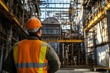 Construction worker in safety gear observing an industrial site structure, surrounded by scaffolding and beams under a clear sky.