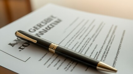A pen resting on a document, suggesting business or legal matters.