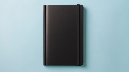 Fototapeta premium A sleek black notebook lies on a pastel blue background, showcasing a minimalist design ideal for notes and creativity.