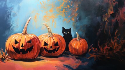 Spooky night black cat and jack-o'-lanterns in autumn glow
