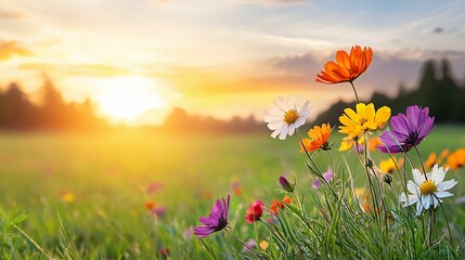 A vibrant field of colorful flowers blooms under a golden sunset, creating a picturesque natural scene full of life and beauty.