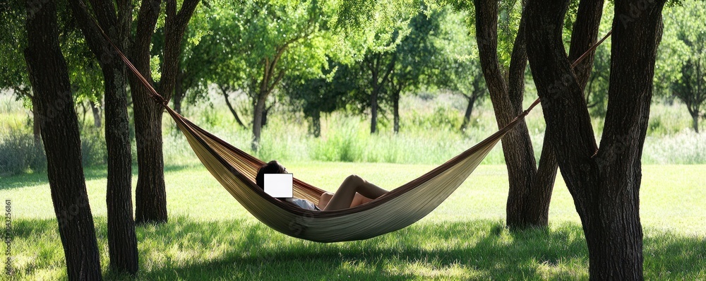 Poster A person relaxing in a hammock under trees, enjoying nature and leisure time.