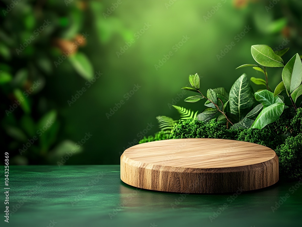 Poster elegant wooden pedestal artfully displayed on a tabletop set against a lush green backdrop with a wa