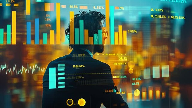 Business analyst reviewing financial data on a digital dashboard in a modern office setting