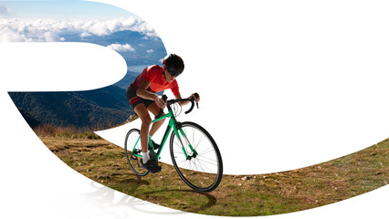 Contemporary art collage. Cyclist riding uphill through scenic mountains, pushing for ultimate...
