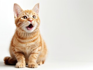 Obraz premium A surprised orange tabby cat with wide eyes and an open mouth, sitting against a neutral background.