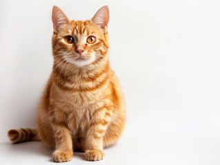 Obraz premium A fluffy orange tabby cat sits, gazing curiously at the camera with bright eyes against a plain white backdrop.