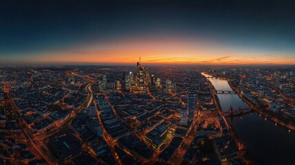 Obraz premium Aerial Panoramic View of Frankfurt After Sunset: A high-resolution aerial view of Frankfurt skyline after sunset, with the city lights illuminating the streets below.