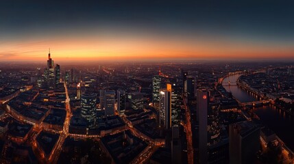 Aerial Panoramic View of Frankfurt After Sunset: A high-resolution aerial view of Frankfurt skyline after sunset, with the city lights illuminating the streets below.