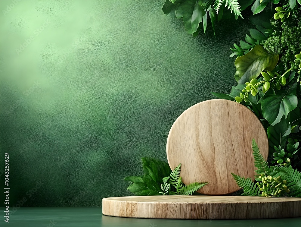 Poster elegant wooden pedestal set against a lush green backdrop with a warm color palette photographed und