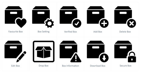 A set of 10 mix icons as favorite box, box setting, verified box