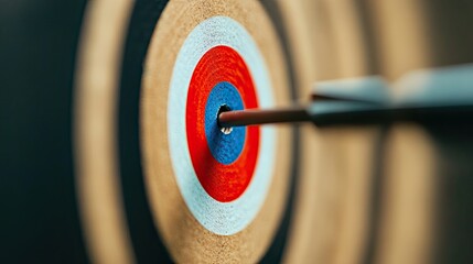 A close-up of a dart piercing the center of a colorful target, showcasing precision and focus in archery or dart games.