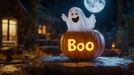 Spooky halloween pumpkin with ghostly boo decoration